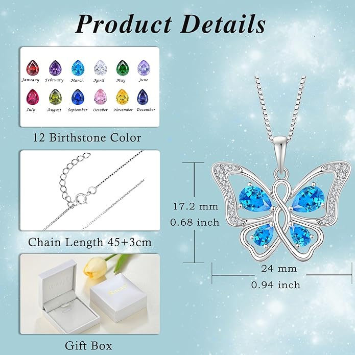 Butterfly Necklace 925 Sterling Silver Cubic Zirconia Birthstone Jewelry Gifts for Women Wife Mother