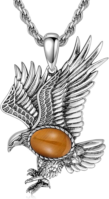 BETHZA Eagle Necklace for Men 925 Sterling Silver Real Gemstone Vintage Hawk Pendant Western Viking Animal Jewelry Gifts for Father