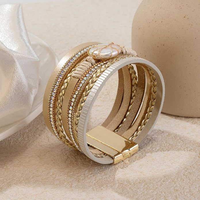 ENGCKSHI Wrapped Bracelets for Women,Leather Bracelet,Boho Bracelets for Women,Multi-Layer Pearl Crystal Bracelet Bangle Jewelry