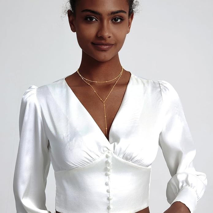 Zeffy Lariat Gold Necklace for Women, Dainty Long Necklace 14k Gold/Silver Plated Layered CZ Beaded Bar Chain Y-Shaped Body Chain Stack Drop Wedding Necklace Trendy Simple Gold Jewelry Gifts
