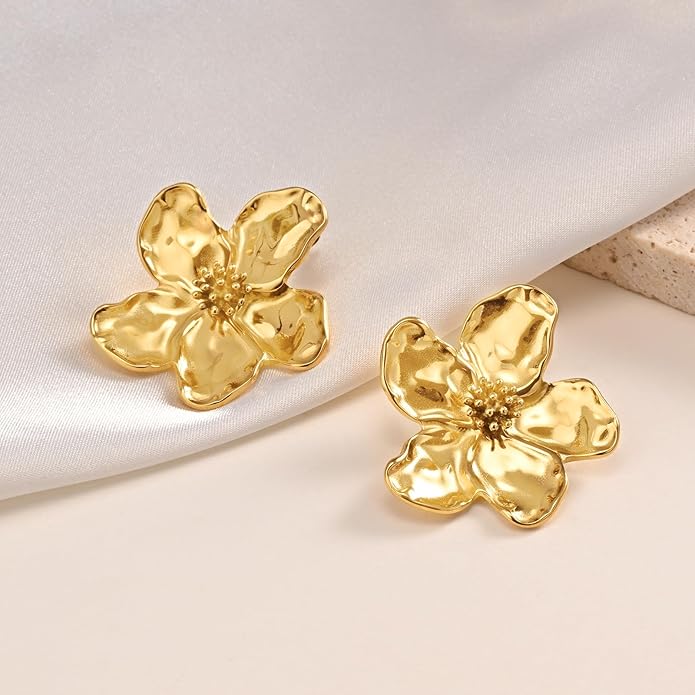Womens Floral Gold Studs Earrings - 14K Gold Plated Earring,Personality Summer Big Flower Stud,Hypoallergenic Statement Chunky Ear Rings Aretes Trendy Jewelry,Christmas Birthday Prom Gifts for Her