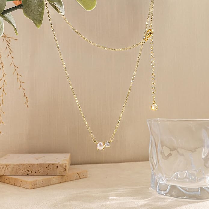 Pearl Necklace for Women Trendy,14k Gold Plated Necklace Dainty Wedding Necklace Small Cute Choker Necklace Beaded Lariat Drop Necklace Vintage Waterproof Jewelry for Women Gold Jewelry Fashion Gifts