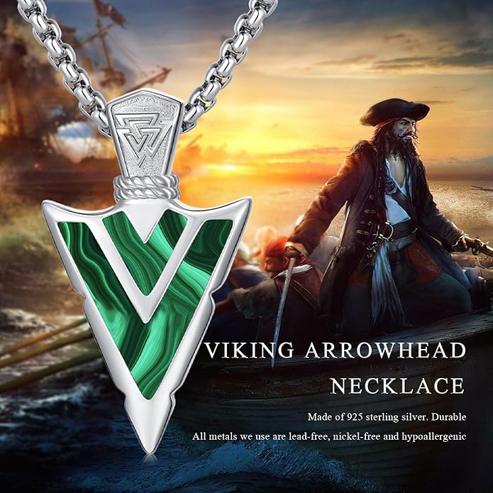 Suiknsn Arrowhead Necklace for Men Women 925 Sterling Silver Turquoise Malachite Celtic/Eye of Horus/Viking Arrow Pendant Amulet Jewelry Gifts Native American Necklace