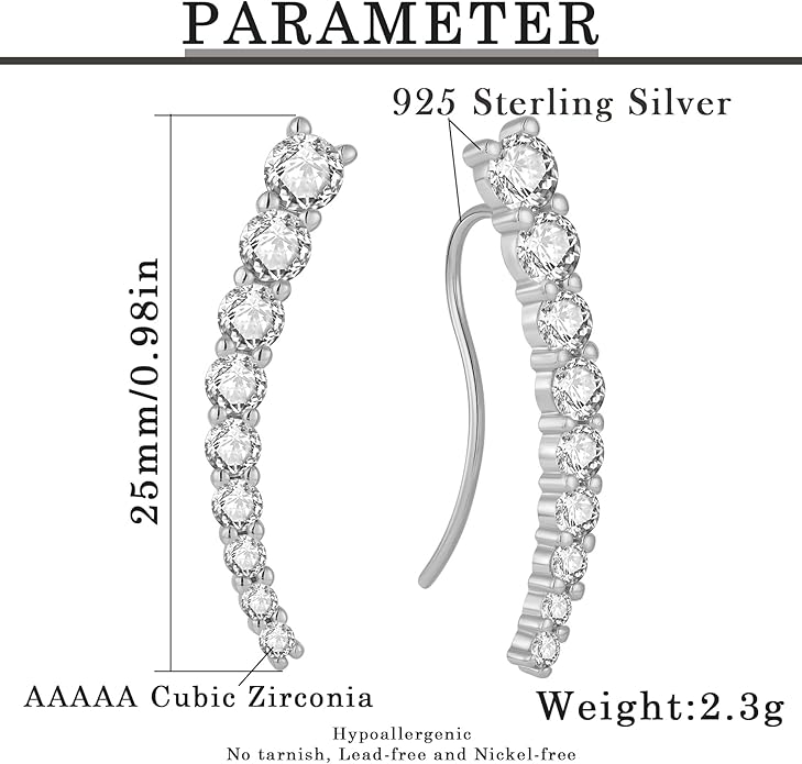 Climber Earrings for Women 925 Sterling Silver Ear Crawler Earrings White/Yellow/Rose Gold Plated Cubic Zirconia Earrings Jewelry