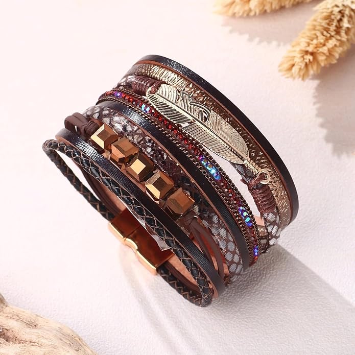 Fesciory Leopard Bracelet for Women, Boho Leather Wrap Multi-Layer Pearl Crystal Bracelet Bangle Jewelry
