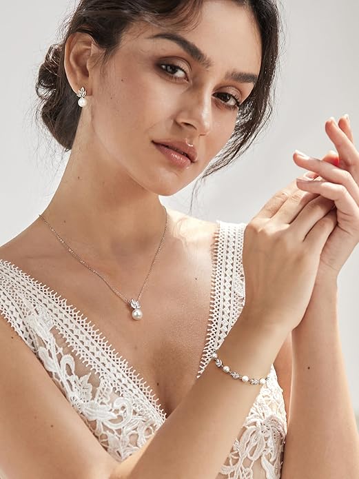 SWEETV Jewelry Set for Bride Women, Cubic Zirconia Pearl Bridal Earrings Necklace Bracelet Set, Bridal Jewelry Set for Wedding Prom