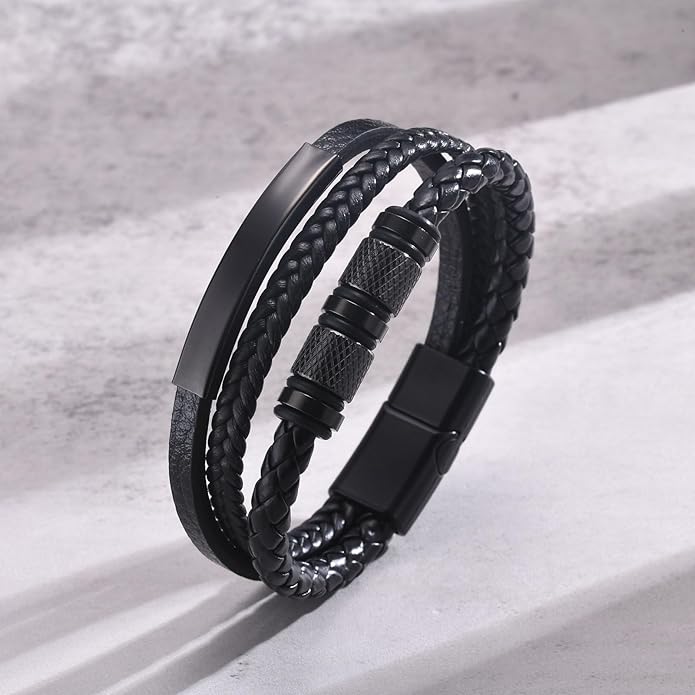 Italian Handmade Genuine Leather Bracelets for Men Stainless Steel Clip, Men's Casual Genuine Multi-layer Cuff Bracelet, Bracelet Gift for Real Men