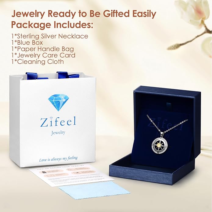 Zifeel Compass Necklace Gifts for Women wife - S925 Sterling Silver Birthstone Necklaces for Women - Anniversary Birthday Gifts for Her Wife Girlfriend - Valentines Mom Mothers Day Christmas Gifts Jewelry for Women