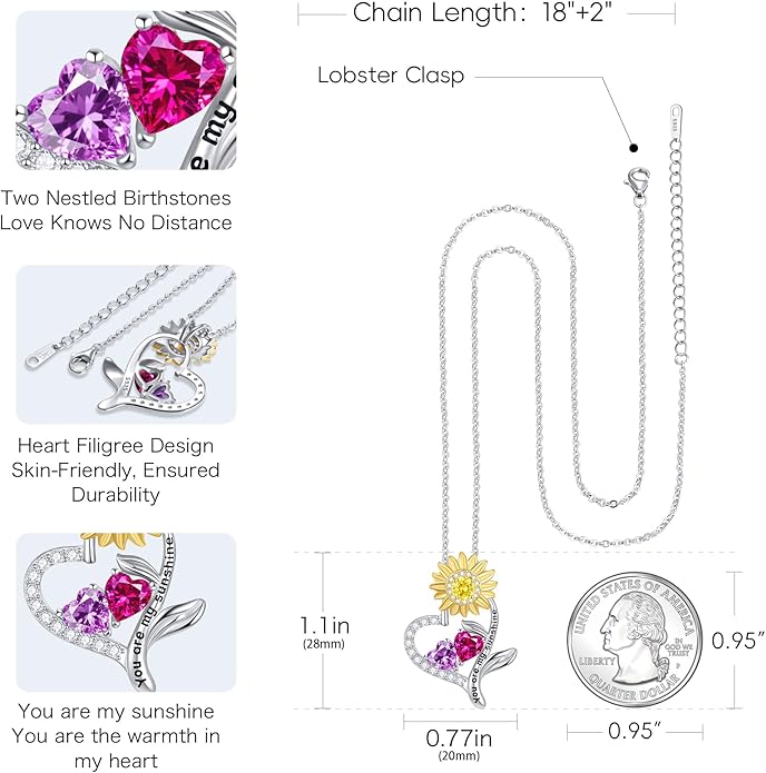 PERJI Valentine's Day Gifts for Women - 925 Sterling Silver Double Birthstone Sunflower Necklace, Anniversary Birthday Jewelry You are My Sunshine Gifts for Wife Couple Girlfriend 18"+2" Non Tarnish