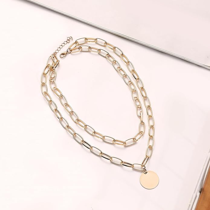 Layered Round Pendant Necklace Gold Plated Dainty Multilayer Choker Layering for Women Necklaces Stylish Minimalist Pendants Simple Chain Stacked Necklace Jewelry Gifts