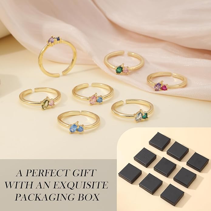 JSJOY Birthstone Rings for Women Dainty Emerald Blue Ring Birthday Gifts for Mom Her Gemstones CZ Ring for Teens Gold Rings That Don't Tarnish Adjustable Ring Jewelry Gifts