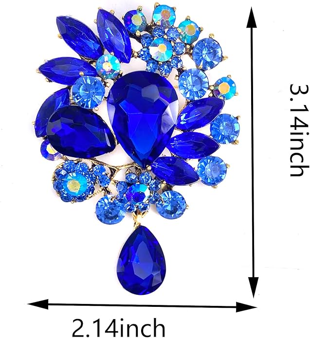 LAXPICOL Vintage Wedding Bridal Big Blue Crystal Rhinestone Tear drop Brooch Pin for Women
