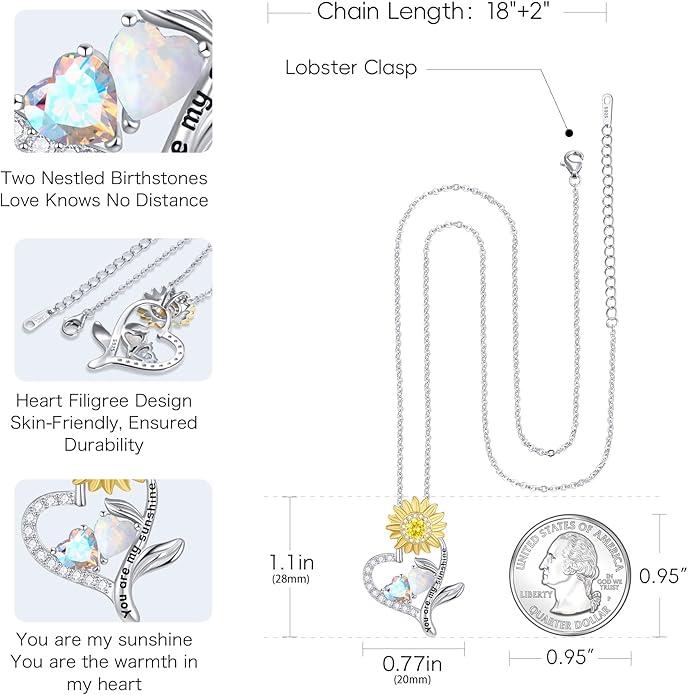 PERJI Valentine's Day Gifts for Women - 925 Sterling Silver Double Birthstone Sunflower Necklace, Anniversary Birthday Jewelry You are My Sunshine Gifts for Wife Couple Girlfriend 18"+2" Non Tarnish