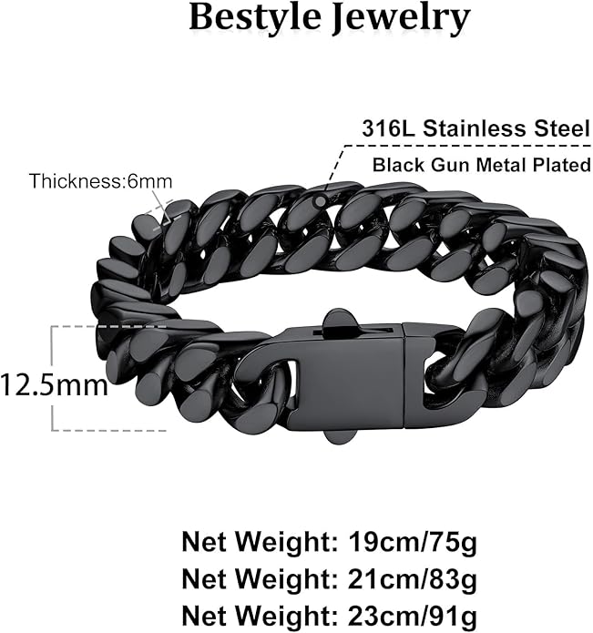 Bestyle Thick Mens Cuban Link Chain Bracelets, Durable Real 18K Gold/Black Metal Plated Solid Stainless Steel Hand Chain Cuban Bracelets for Men, Silver Black Gold Bracelets for Father Husband