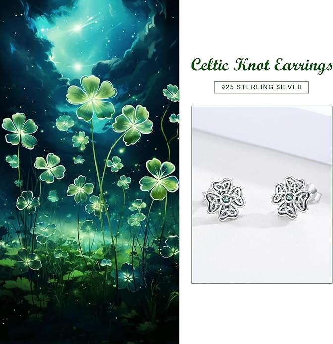 JUSTKIDSTOY St Patricks Day Earrings Gifts 925 Sterling Silver Four Leaf Clover Shamrock Earrings Irish Jewelry for Women Girls