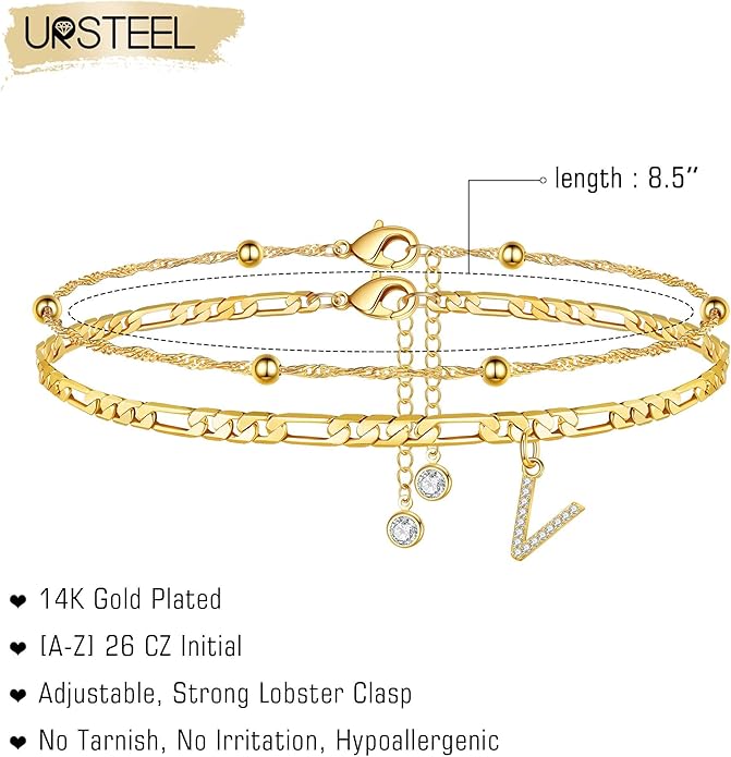 Ursteel Ankle Bracelets for Women, 14K Gold Plated Dainty Layered Chain CZ Initial Anklets Summer Jewelry Gifts for Women