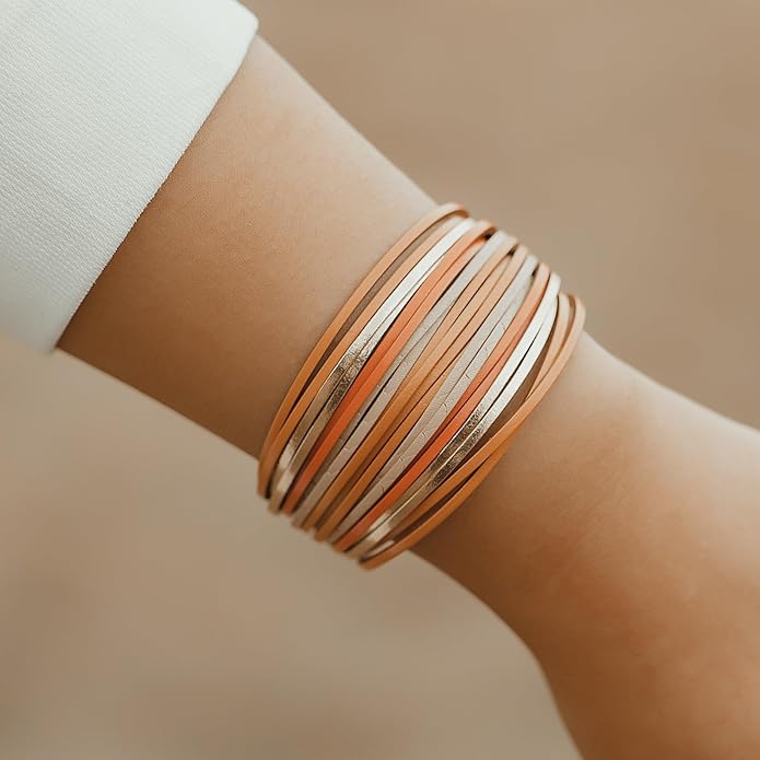 FANCY SHINY Boho Leather Wrap Bracelet Stackable Layered Bangle Cuff with Magnetic Clasp