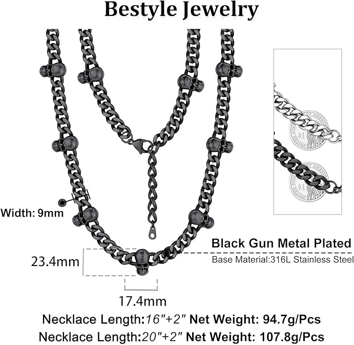 Bestyle Barbed Wire Necklace 5/7/9/12mm Mens Chain Necklaces Hip-hop Punk Gothic Stainless Steel Chain Heavy Thick Cuban Link Chain for Men Women, Length 16/18/20 Inch