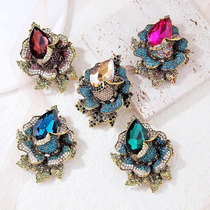 Rhinestone Flower Brooch For Women Crystal Rose Flower Brooch Pin Big Size Rhinestone Crystal Flowers Broochs Stylish Rhinestone Rose Flowers Pin Elegant Clothing Hat Bag Accessories