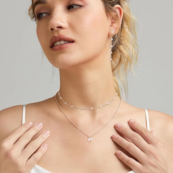 Gold Jewelry Set for Women - Dainty 14K Gold/Silver Plated Pearl Choker Necklace, Drop Earrings & Bracelets - Wedding Trendy Pearl Jewelry Gift