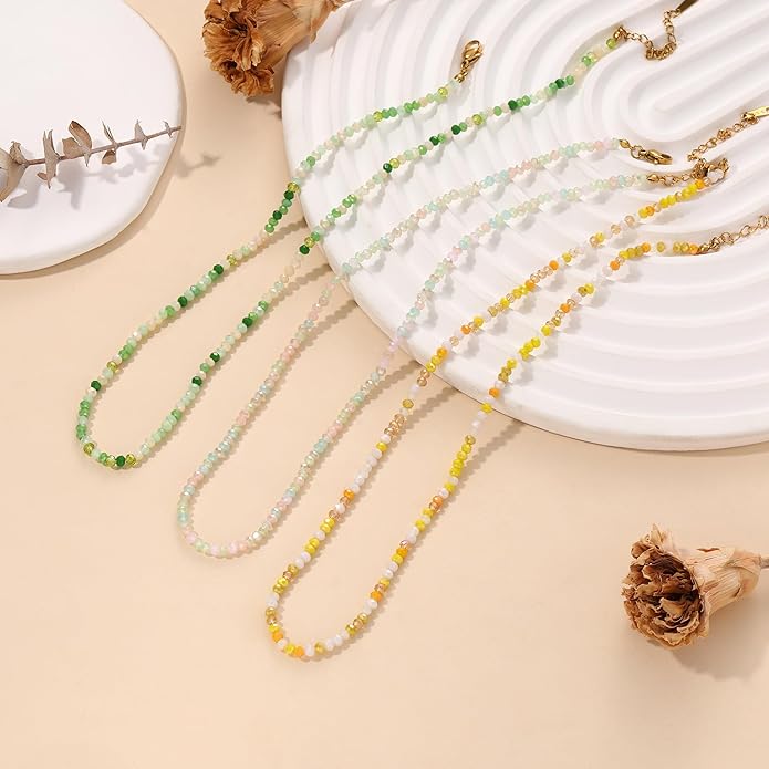 JSJOY Tiny Crystal Beaded Choker Necklaces for Women Colorful Beaded Necklace Dainty Choker Necklaces Simple Boho Jewelry Gifts for Teens Handmade Bead Necklaces Gifts