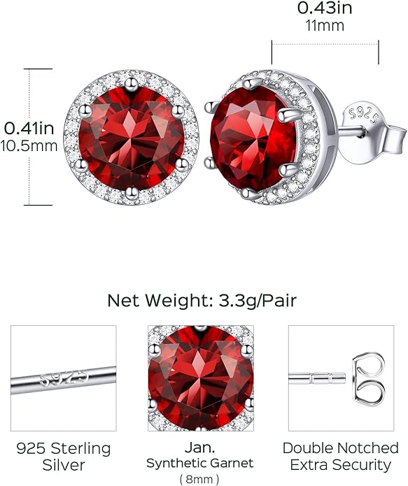 ChicSilver 925 Sterling Silver Birthstone Earrings for Women, 8MM/2 Carat Heart & Round Cubic Zirconia Stud Earrings, Hypoallergenic Jewelry, Ideal Birthday or Christmas Gifts