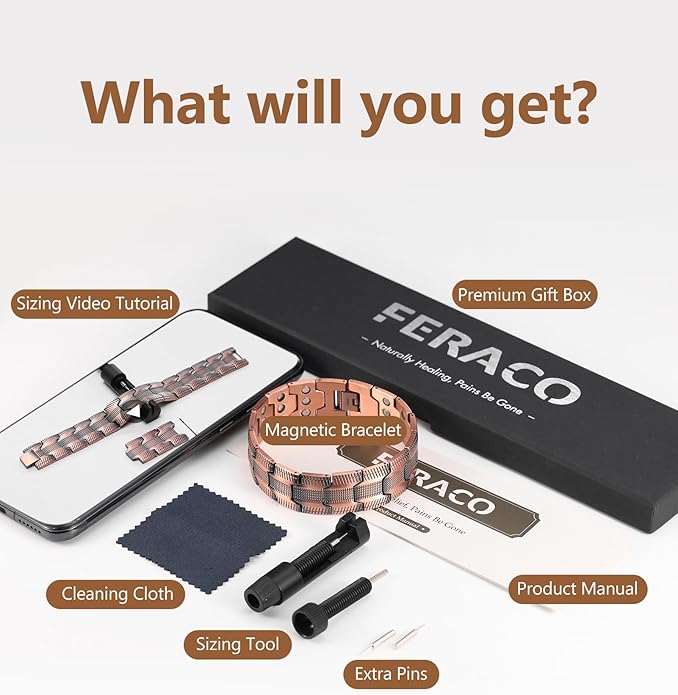 Feraco Copper Bracelet for Men 3X Strength,Magnetic Therapy Bracelet Copper Jewelry with Powerful 3800 Gauss Magnets,Premium Fold-Over Clasp