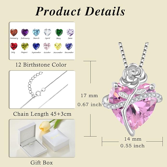 Birthstone Necklace for Women 925 Sterling Silver Love Heart Rose Flower Necklace Dainty Jewelry Gifts for Women Wife Girlfriend Mother Daughter Her