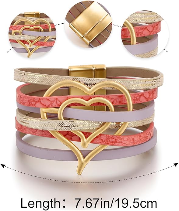 Edoneery Leather Wrap Bracelet for Women, Boho Handmade Multi-Layer Cuff with Crystal Beads Heart, Stackable Bangle Western Jewelry Gift