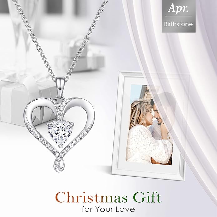 Birthstone Necklace for Women, 18K White Gold Heart Necklace Filled 925 Sterling Silver, Diamond Womens Jewelry Christmas Gifts for Women Wife