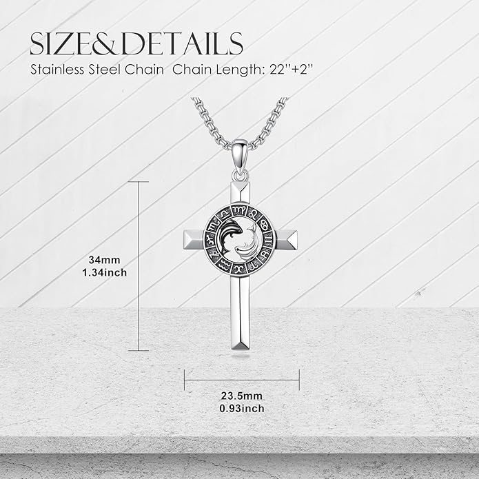 MEIDERBO Cross Zodiac Necklace 925 Sterling Silver 12 Constellation Horoscope Astrology Pendant Necklace Zodiac Sign Jewelry Gifts for Men Women