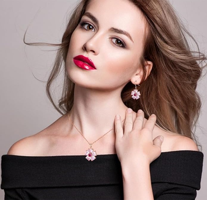 VONSSY Elegant Cherry Blossom Necklace Earrings Pink Cats Eye Flower Flora Sakura Gemstone Crystal Pendant 18k Gold Plated Chain Jewelry Set Gift for Woman Wife Girlfriend