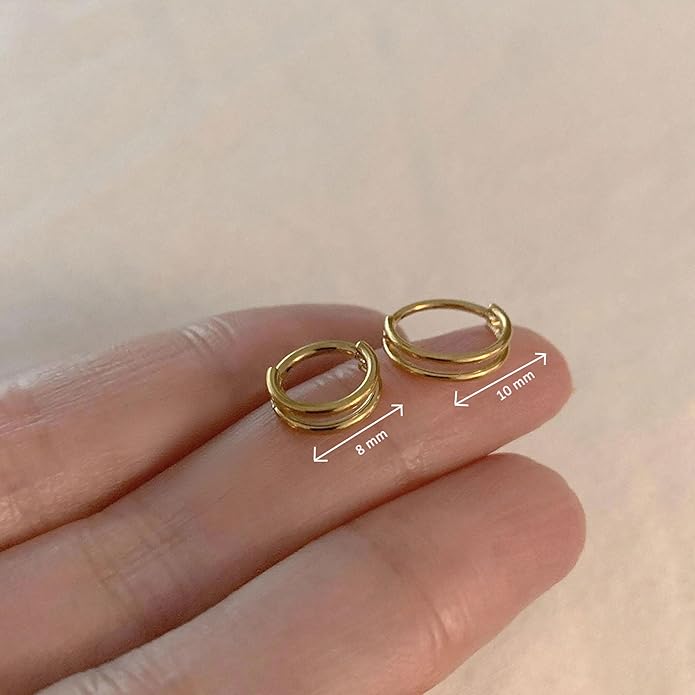 2 PCS Small Cartilage Double-Hoop Helix Conch Piercing Earrings With Cubic Zirconia For Women Trendy 14K Gold Plated Titanium Surgical Stainless Steel Sets Jewelry