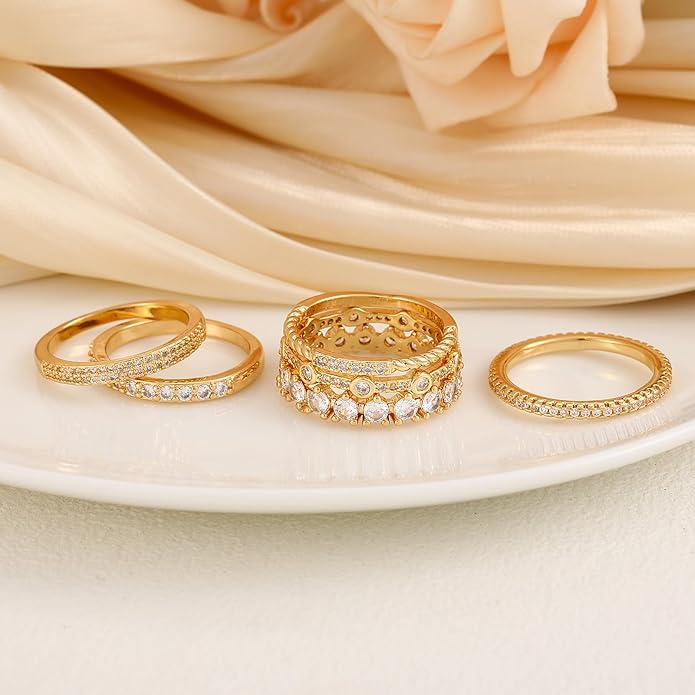 FAXHION Gold Rings for Women Non Tarnish, 14k Gold Plated Stacking Cubic Zirconia Thumb Ring Set, Dainty Gold Knuckle Women Rings Set Size 5 6 7 8 9 10