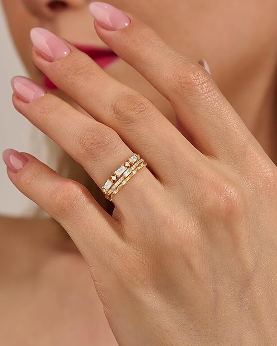 FUNEIA Stackable Silver Gold Rings for Women Non Tarnish 14K Gold Plated Thumb Cubic Zirconia Rings for Women Dainty Pinky Promise Wedding Ring Set Women's Engagement Eternity Band Rings Gold Jewelry