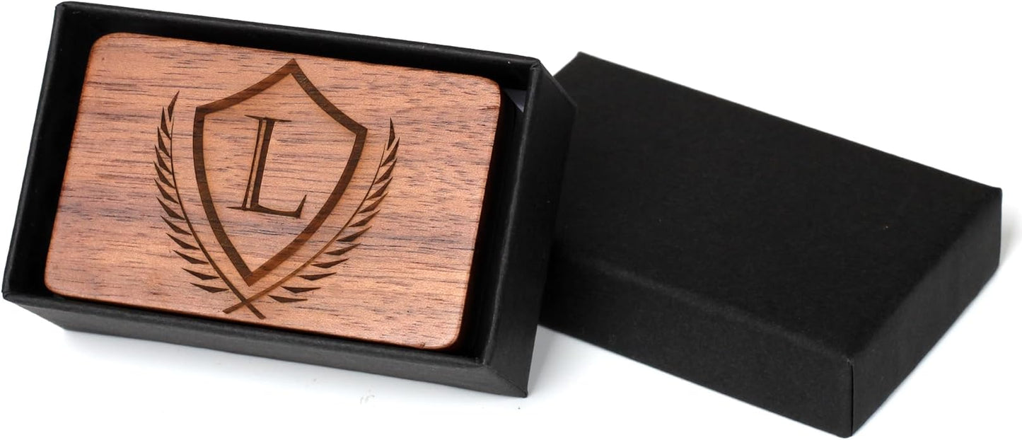 Mens Initial Cufflinks and Tie Clip A-Z Alphabet Letter Black Stainless Cuff Links Tie Bar with Engraved Walnut Wood Box Groom Groomsman Wedding Set