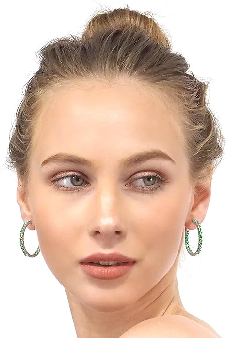 Hoop Earrings with 40 Colored Gemstones, Birthstone Earrings, 925 Sterling Silver Rhodium Plated, Push Back Closure, 1.18'