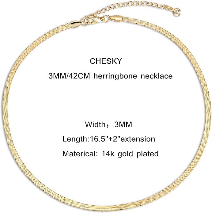 CHESKY Gold Necklace for Women-14K Gold Plated/Sterling Silver Plated Snake Chain Necklace Dainty Simple Chunky Herringbone Necklace Choker Necklaces Jewelry for Women