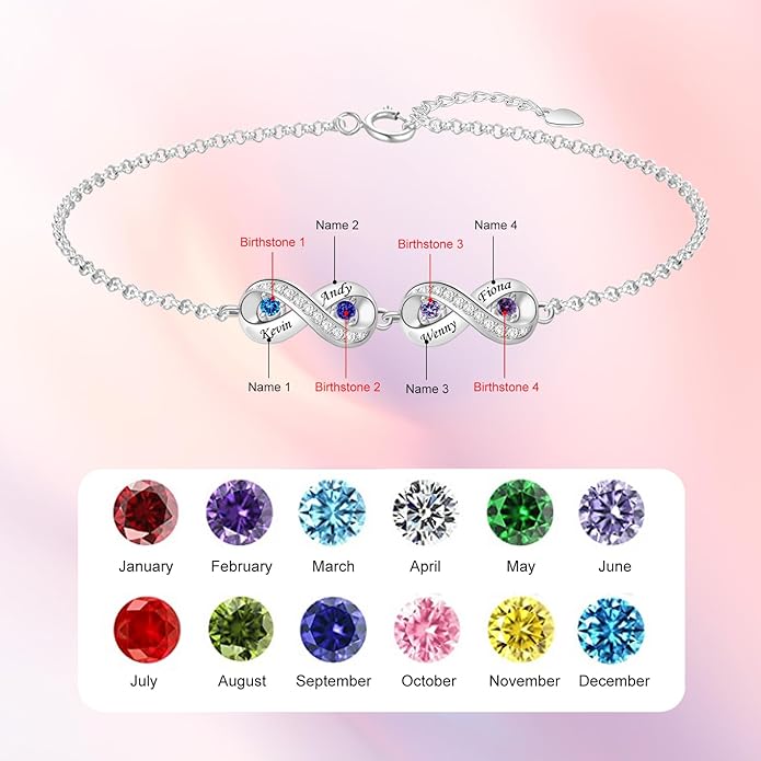 BABOOM Personalized Birthstone Bracelet for Mom Custom Infinity Name Bracelets with 1-8 Birthstones Jewelry Mothers Day Gifts for Women Mother Wife Grandma
