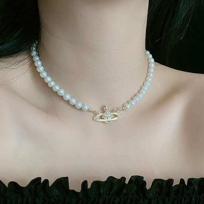 FENLDY Rhinestone Faux Planet Saturn Pearl Necklace for Women Jewelry, Fake Pearl Collar Pendant a Necklace Men with Charm for Girls Y2k Jewelry Ladies' Wedding Pearl Bead Chain Crystal Choker