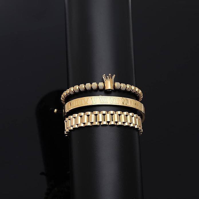 WFYOU 3PCS Stainless Steel Bracelets for Men Gold Roman Numeral Bangle Bracelet Twisted Cable Bracelet Adjustable Cuff Bracelet Mens Luxury Jewelry Bracelets Gifts