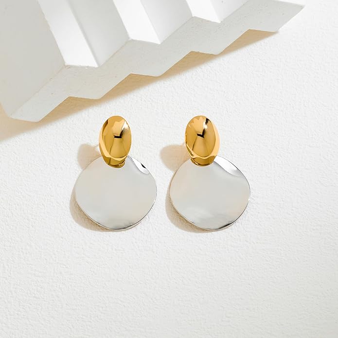 FAMARINE Big Disc Drop Earrings Gold Dangle Earrings Round Hammered Earrings Women