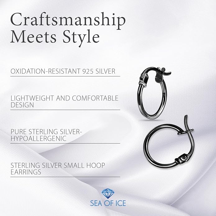 SEA OF ICE 925 Sterling Silver Hoop Earrings for Women - Hypoallergenic Earrings for Women in Sterling Silver, Yellow Gold, Rose Gold or Black Rhodium | Sizes 12MM, 15MM, 20MM or Multipack