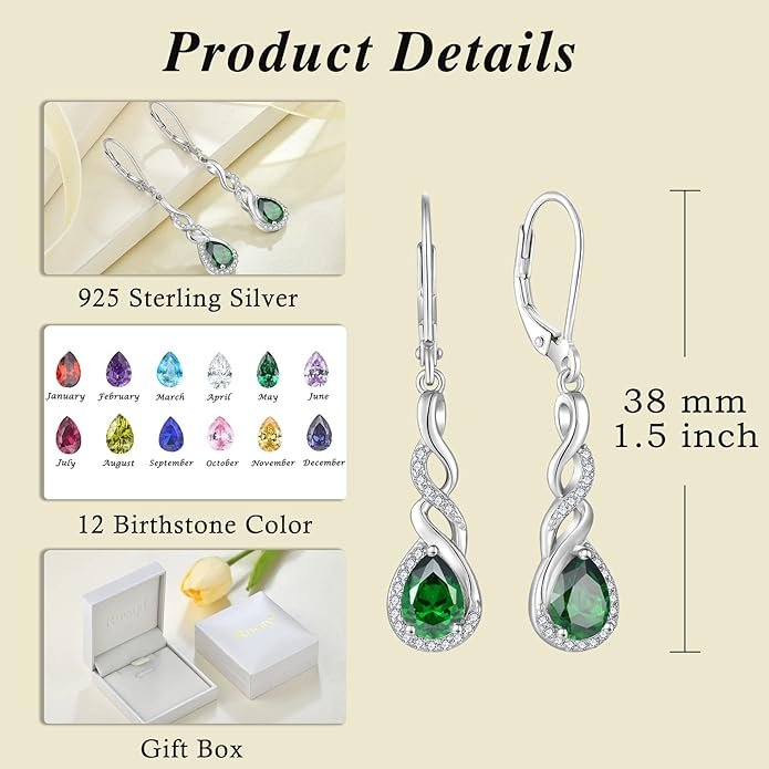 Infinity Dangle Drop Earrings for Women 925 Sterling Silver Teardrop Leverback Earrings Birthstone Jewelry Gifts for Women Wife Girlfriend Mother Daughter Her