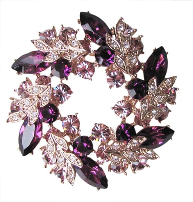 FAIRY COUPLE 18K Rose Gold Plated Brass Brooch for Women, Luxury Purple Cubic Zirconia Wreath Pin with Hidden Pendant Loop, 3-in-1 Convertible Statement Jewelry for Coats & Blazers, 2.1" BR94