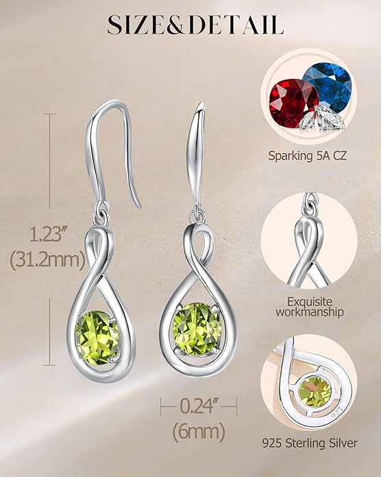 FANCIME Dangle Drop Earrings 925 Sterling Silver Dainty Infinity Round Gemstone Birthstone Jewelry Birthday Gifts for Her Women
