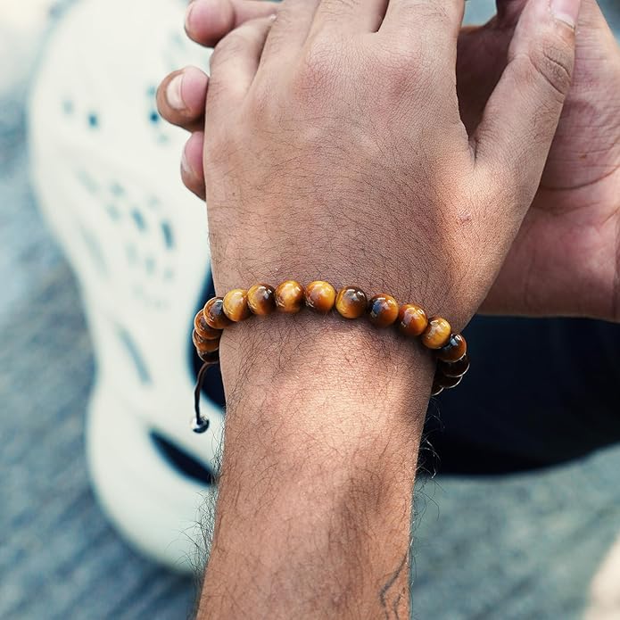 RTZN® Tigers Eye Bracelet for Men – Premium Artisan Handcrafted Golden Brown Tiger Eye Bead Bracelets – Natural Stone Tiger Eye Bracelet Men – Beaded Bracelets for Men
