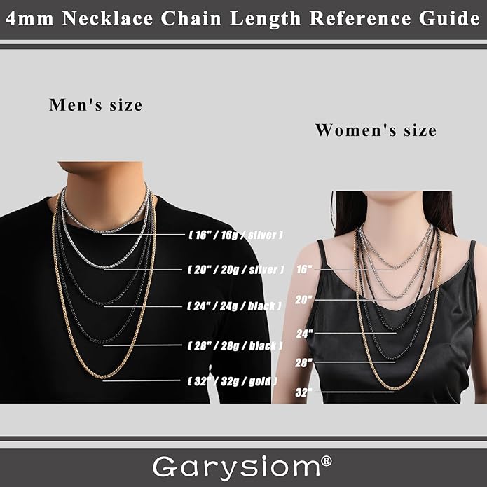 Garysiom 2 Pcs Chains for Men, 4mm Stainless Steel Silver Tone Gold or Black Wheat Necklace Chain for Men Women, 16, 20, 24, 28, 32 Inch