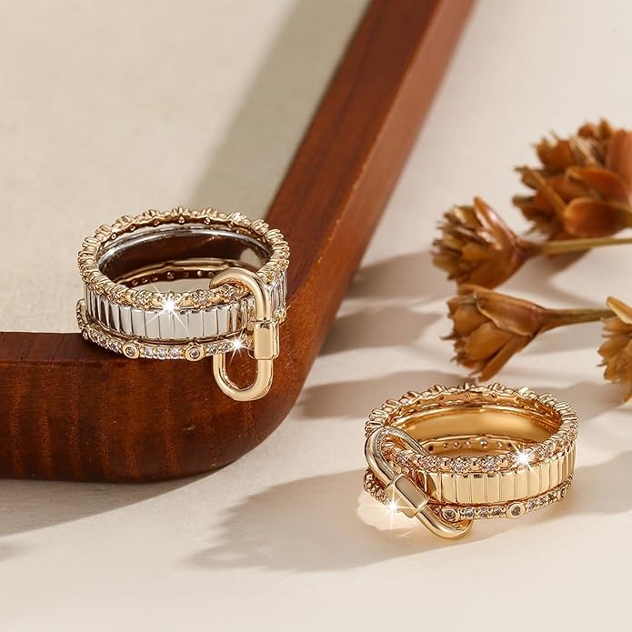GT YIFU Statement Rings for Women, 18k Gold Plated Stackable Cubic Zirconia Rings, Silver Gold Multi Ring Mixed Metals Stackable Ring Set for Women Non Tarnish
