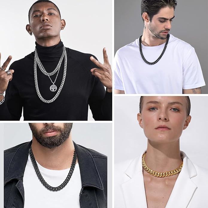 PROSTEEL 316L Stainless Steel Figaro Cuban Chain Necklace for Men, Black/18K Real Gold Plated, 4/5/6/7.5/9/10/13mm, 14inch-30inch, Come with Box